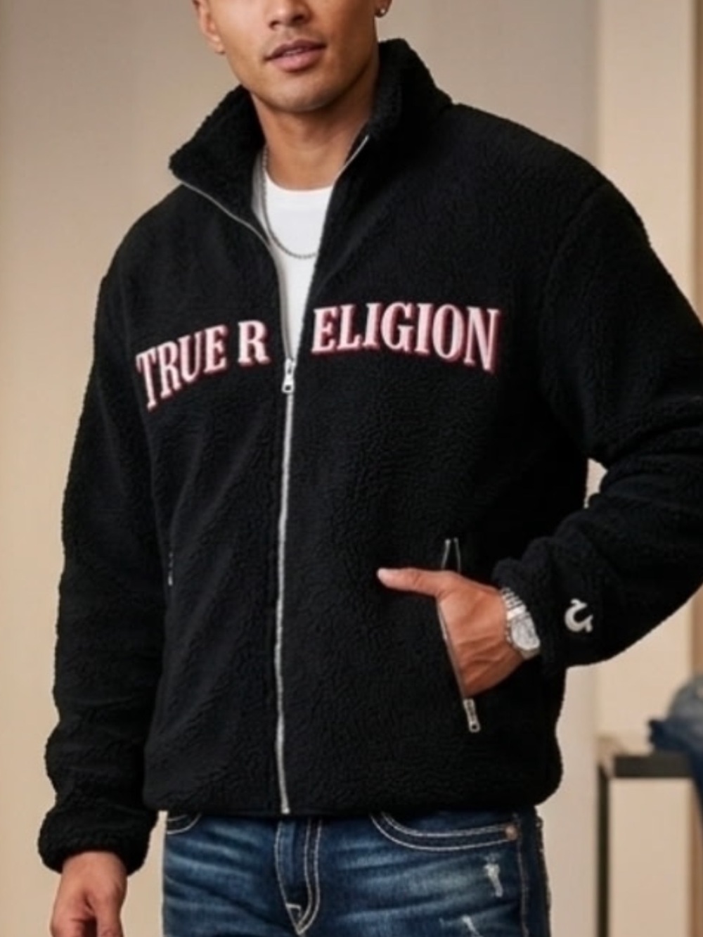True Religion Black Sherpa Zip-Up Jacket with White & Red Logo